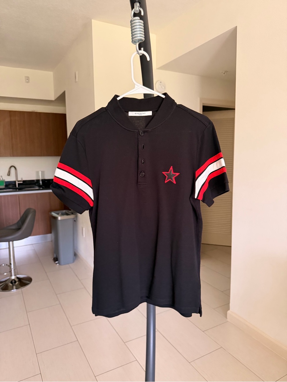 Givenchy Black Polo Tee with Red & White Sleeve Stripes and Star